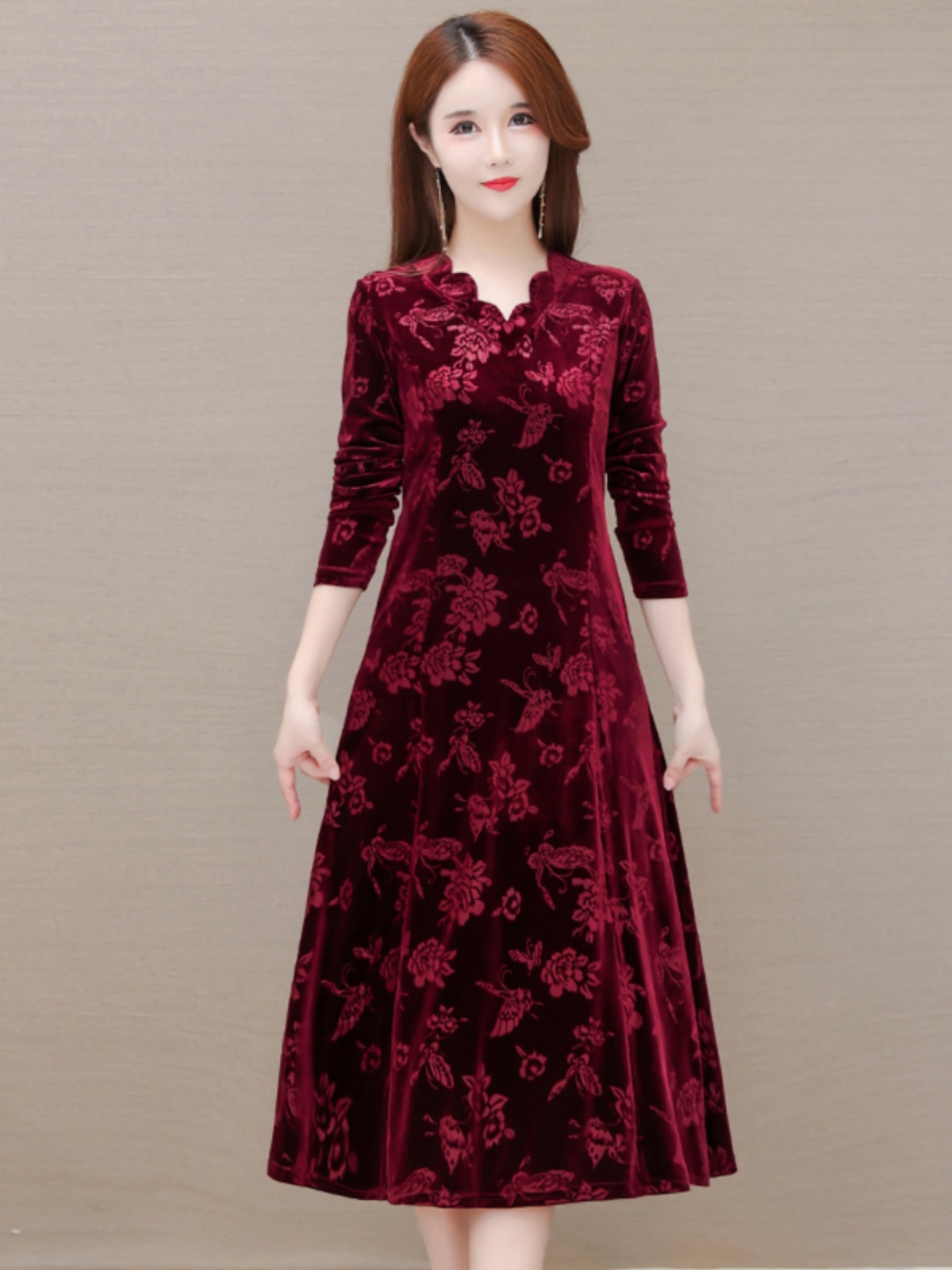 Elegant Velvet Dress V-Neck Mi - Women Fashion Over The Years ulasan dan harga